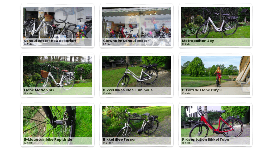 leistungsstarke e-Bikes / Pedelecs & Zubehör zu fairen Preisen - Unsere Fotogalerien sollen Ihnen einen kleinen Einblick in unser Fahrradgeschäft und unser Angebot E-Bikes/Pedelecs geben. Alle Galerien sind ausführlich beschrieben, egal ob nun Neues aus unserem Shop oder Produktberichte zu unseren E-Bikes/Pedelecs von Bikkel Bikes, New Brinckers und Llobe. Unsere Fotogalerien
