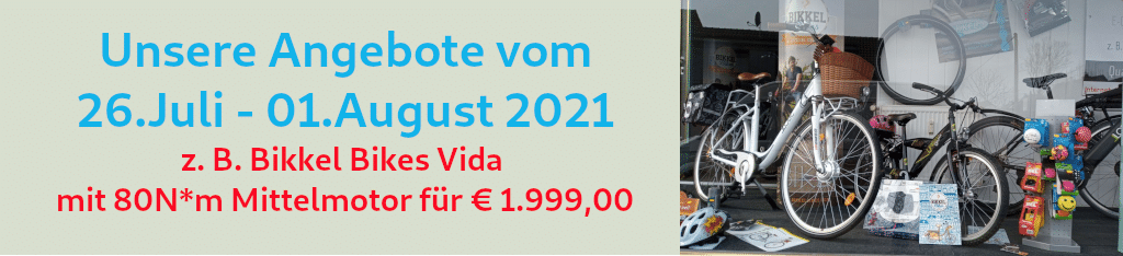 leistungsstarke e-Bikes / Pedelecs & Zubehör zu fairen Preisen - Nutzen Sie unsere Angebote KW 30 (26.07. - 01.08.2021) . Auch in dieser Woche bieten wir eine Auswahl unserer E-Bikes/Pedelecs zu reduzierten Preisen im Webshop und unserem Fahrradgeschäft in Wegberg auf der Heiderstr. 51 an. Kommen Sie während unserer Öffnungszeiten einfach rein oder vereinbaren Sie einen unverbindlichen Beratungstermin. Angebote KW 30