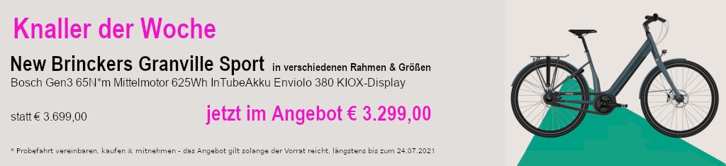 leistungsstarke e-Bikes / Pedelecs & Zubehör zu fairen Preisen - Unser Knaller KW 29 ist das "New Brinckers Granville Sport M380". Dieses mit besten Komponenten von Bosch ausgestatte E-Bike/Pedelec bieten wir Ihnen zum absoluten Sonderpreis von € 3.299,00*¹  an. Knaller Granville Sport M380