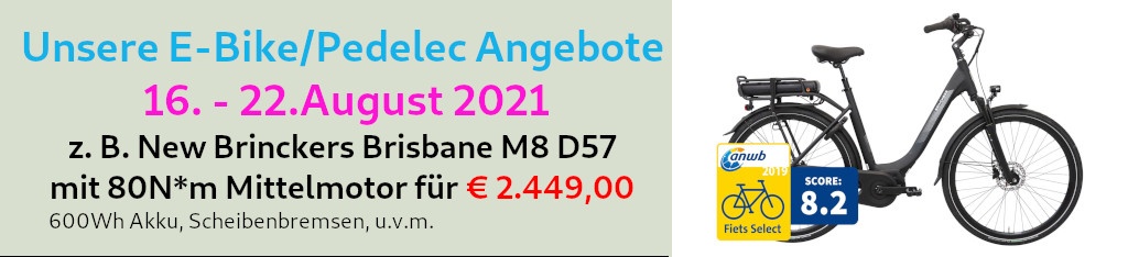 leistungsstarke e-Bikes / Pedelecs & Zubehör zu fairen Preisen - In der Woche halten wir für Sie unter dem Motto "Specials KW 33" ein paar interessante E-Bike  Angebote, wie z. B. das New Brinckers Brisbane M8 D57 bereit. Vereinbaren Sie einen Beratungstermin oder kommen Sie einfach während unserer Öffnungszeiten in die Ausstellung vom Fahrradgeschäft AS Bikeshop Wegberg auf der Heiderstr. 51. Specials KW 33