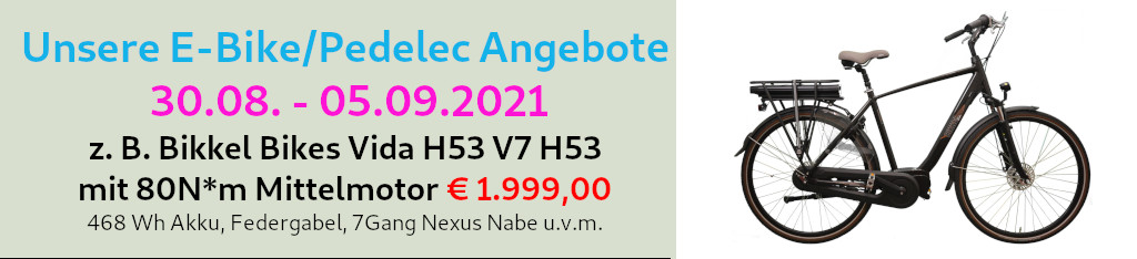 leistungsstarke e-Bikes / Pedelecs & Zubehör zu fairen Preisen - In unseren "Specials KW 35" vom 30.08. - 05.09.2021 werden einige Bikkel Bikes eines Fahrradherstellers aus Nederweert,  in der Provinz Limburg, bei Roermond  besonders vorgestellt. Specials KW 35/21
