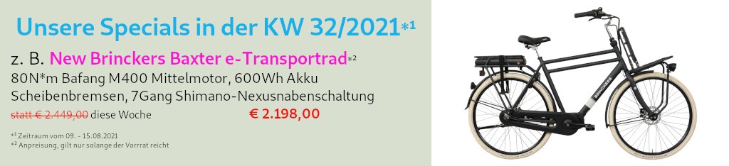 leistungsstarke e-Bikes / Pedelecs & Zubehör zu fairen Preisen - Auch in dieser Woche  (09.08. - 15.08.2021) bieten wir Ihnen aus unserem Bestand an E-Bikes / Pedelecs zu Bestpreisen an. Informieren Sie sich vorab hier und auf den Seiten vom  Webshop. Wir freuen uns, wenn Sie sich im  Fahrradgeschäft in Wegberg auf der Heiderstr. 51 persönlich beraten lassen und / oder eine Probefahrt vereinbaren. Bitte beachten Sie unsere  Öffnungszeiten (Do. Fr. 15.00h - 18.00h, Sa. 10.00h - 16.00h) oder rufen Sie an, für einen  Termin außerhalb der Öffnungszeiten. Unsere Specials KW 32/2021