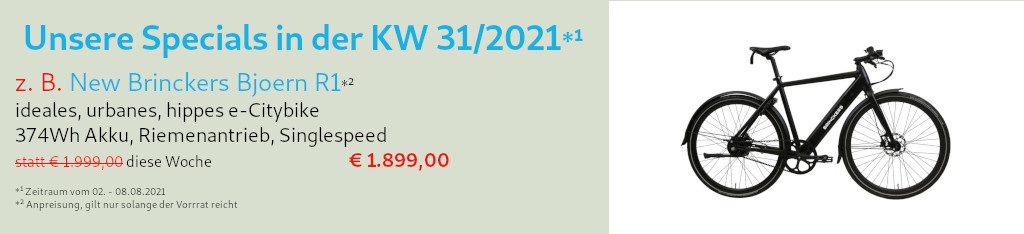 leistungsstarke e-Bikes / Pedelecs & Zubehör zu fairen Preisen - Hier unsere Specials für die kommende Woche (02.08. - 08.08.2021) . In dieser Woche bieten wir Ihnen einen besonderen Leckerbissen im Webshop und unserem Fahrradgeschäft in Wegberg auf der Heiderstr. 51 an. Bitte beachten Sie unsere  Öffnungszeiten (Do. Fr. 15.00h - 18.00h, Sa. 10.00h - 16.00h) oder vereinbaren Sie einen unverbindlichen Beratungstermin außerhalb der Öffnungszeiten. Specials KW 31