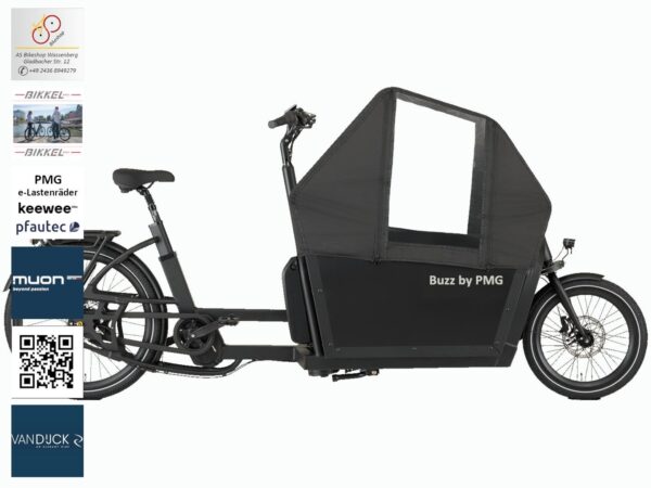 leistungsstarke e-Bikes / Pedelecs & Zubehör zu fairen Preisen - 120Nm Tretunterstützung 615Wh Akku 7-gang-Nexus-Nabenschaltung zul. Gesamtgewicht 220 kg e-Lastenrad Buzz by PMG - Seitenansicht mit Verdeck