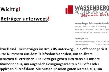 leistungsstarke e-Bikes / Pedelecs & Zubehör zu fairen Preisen - Ende voriger Woche bekam der Gewerbeverein Wassenberg eine ausführliche E-Mail der Wassenberger Posterwerkstätten. In der Nachricht wird vor Betrügern gewarnt wird, welche im Kreis Heinsberg ihr Unwesen treiben und den Namen der Wassenberger Polsterwerkstätten missbrauchen. Betrüger im Kreis Heinsberg unterwegs