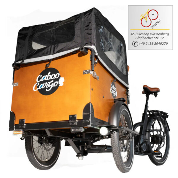 leistungsstarke e-Bikes / Pedelecs & Zubehör zu fairen Preisen - 120 Nm Mittelmotor 643 Wh Akku Hundeklappe Blinker Regenverdeck hydraulische Scheibenbremsen Caboo Cargo Family S